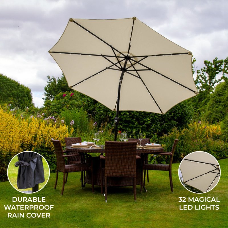 Cream 2.4m LED Tilt Parasol Umbrella Garden Sun Shade Canopy Patio Outdoor 360 Rotation UV Protection Winding Crank Adjustable 32 Solar Power Lights Cool White 8 Ribs 5.5kg FREE Waterproof Rain Cover