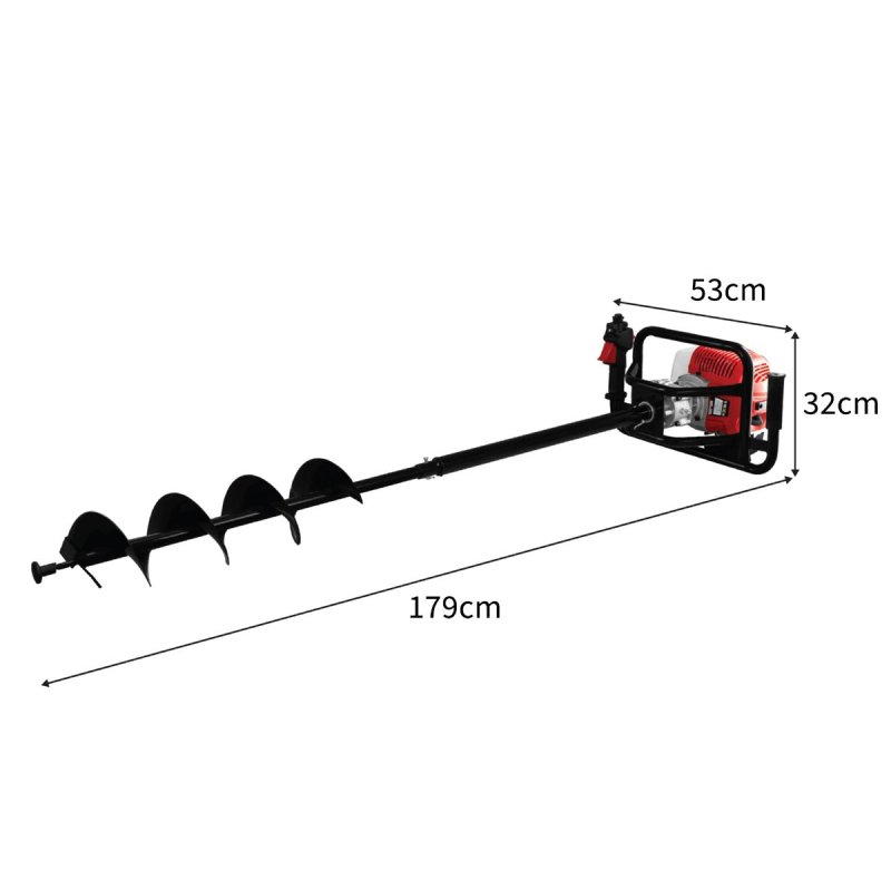 Earth Auger Fence Post Hole Borer Ground 52cc Petrol Spiral Digger 3 Drill Bits Attachments 4 6 8 Inch Extension Pole 80cm 3HP 9000rpm 2 Stroke 1.2L 1.6kw FREE Safety Accessories & Tool Kit