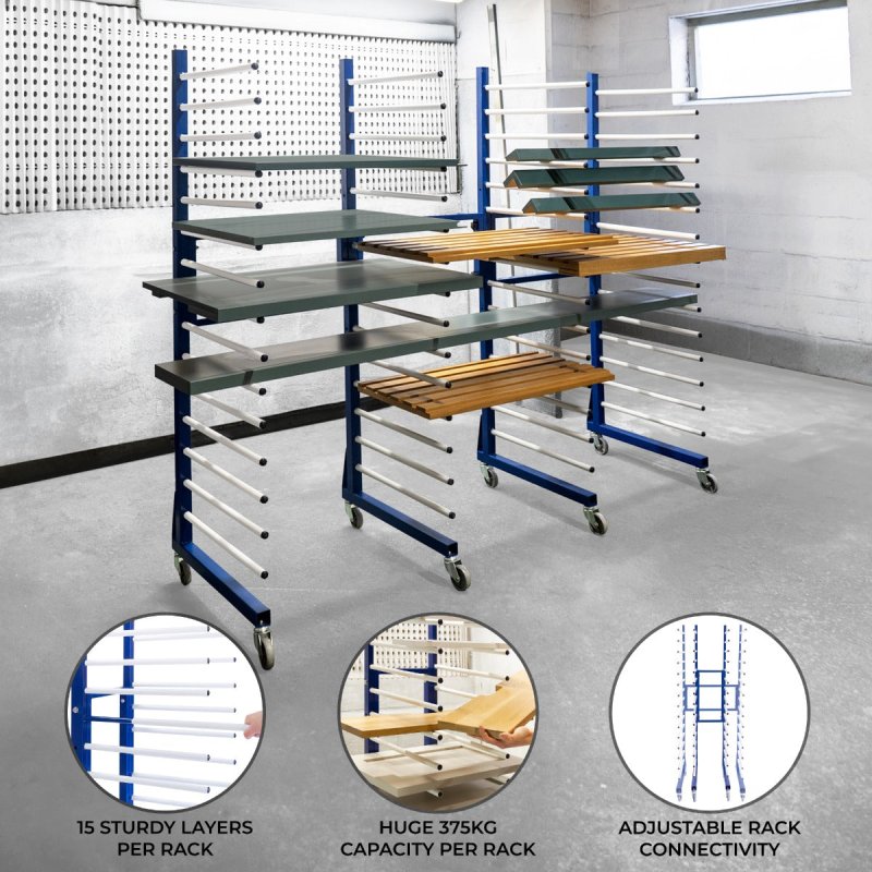 Combi Spray Drying Rack Trolley x 4 & 3 x 2 Way Connector Joining Kit Paint Shop Dry Storage 4 Heavy Duty 360 Degree Castors Mobile 15 Layers Per Rack 25kg Per Layer 375kg Capacity Adjustable Width