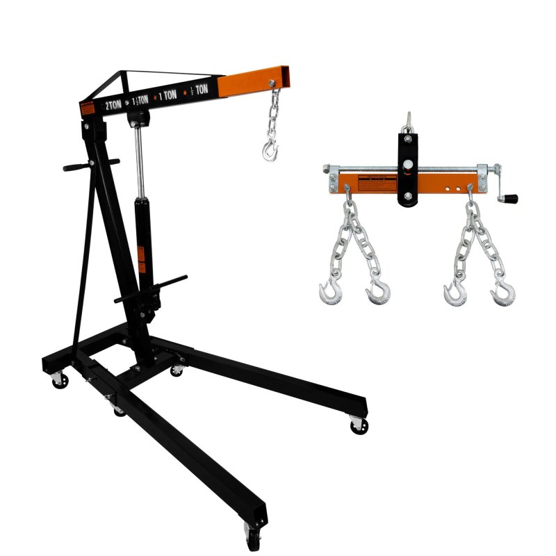 Engine Crane 2 Tonne 2000kg & Load Leveller Hoist 900kg Balancer Support Beam Dual Hooks Chain Hydraulic Pump Handle Folding Legs Lift Jack Stand Portable Workshop Garage 4 JIB Positions Automotive