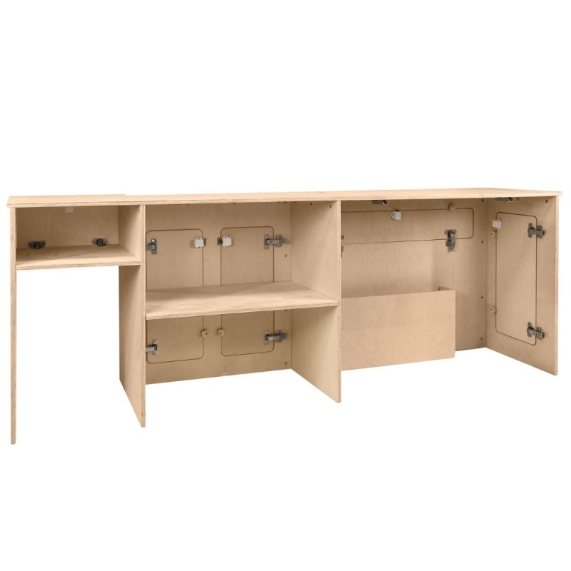 Camper Van Kitchen Pod LHD Conversion Unit Flat Pack Motorhome Campervan Furniture Foldaway Table Built In Storage Cupboards Fridge Space Towel Holder 15mm Birch Plywood SWB VW T5 & T6 Transporters