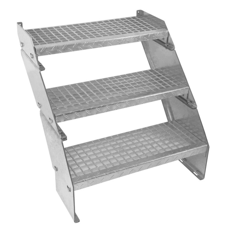 Metal Staircase 3 Section Adjustable Height 60cm / 600mm Wide Galvanised Steel Silver 3 Steps Weatherproof Grate Step Outdoor Garden Patio Modular Stairs 5mm Rod Thickness FREE Fixing Kit