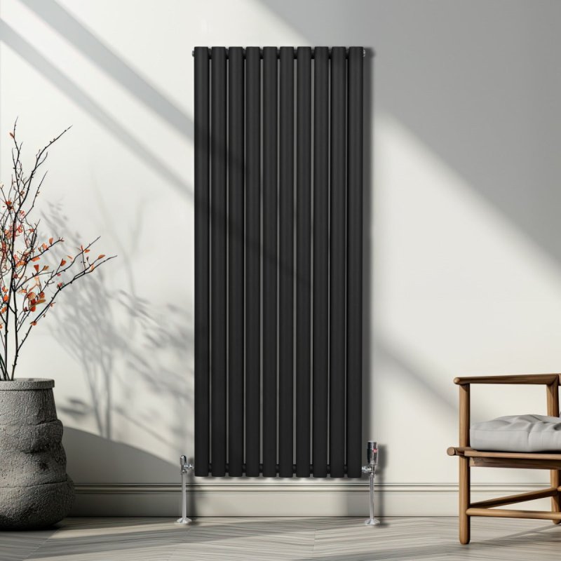 Oval Column Radiator 1600mm x 600mm & TRV Chrome Valves Modern Designer Double Panel Central Heating Heater Black Steel Vertical Kitchen Living Room FREE Cleaning Brush Fixing Kit & Brackets