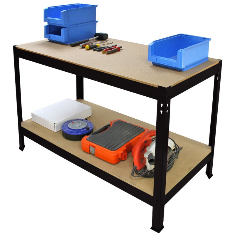 Workbench Garage Table Metal Storage Shelving DIY Tools Heavy Duty Work Bench Workshop Shed / 2 Shelves 90cm x 100cm x 60cm / Black