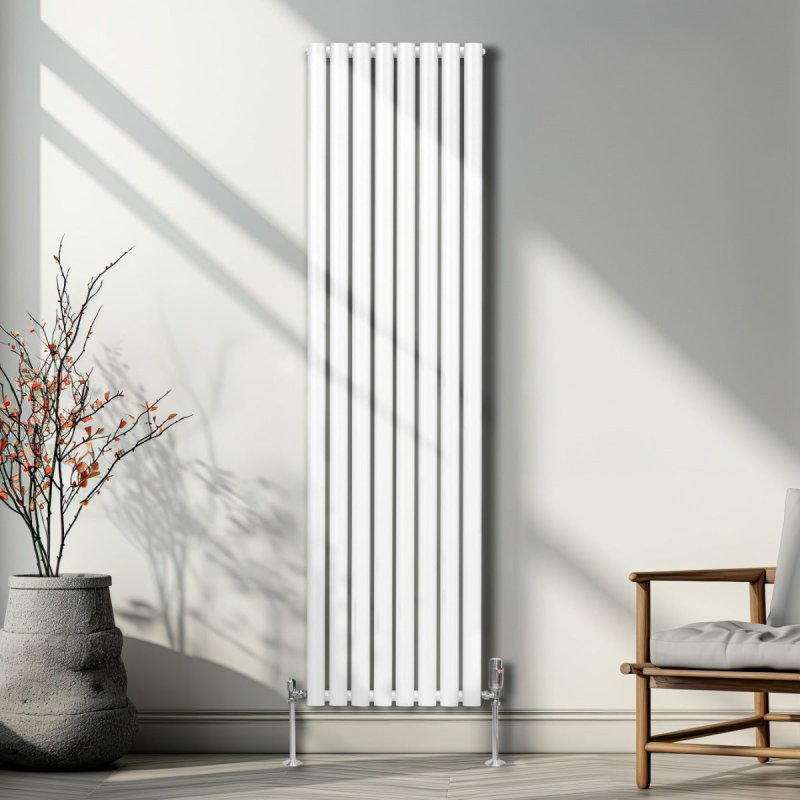 Oval Column Radiator 1800mm x 480mm & TRV Chrome Valves Modern Designer Double Panel Central Heating Heater White Steel Vertical Kitchen Living Room FREE Cleaning Brush Fixing Kit & Brackets