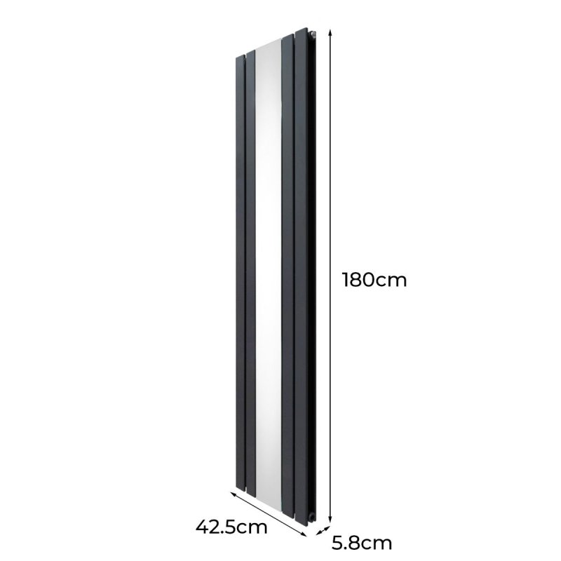 Flat Panel Radiator With Mirror 1800mm x 425mm Modern Designer Double Column Vertical Heater Matt Anthracite Grey Carbon Steel Wall Mounted Kitchen Living Room Cleaning Brush Fixing Kit & Brackets