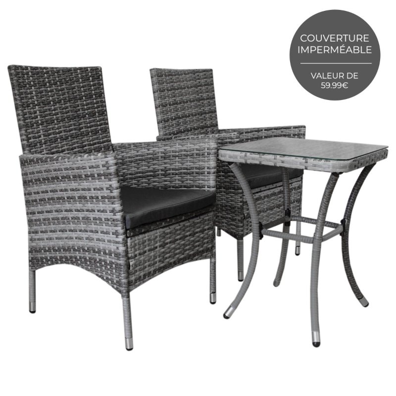 Garden Outdoor Rattan Bistro Set Furniture 3 PCs Patio Weave Companion Chair Table Set Conservatory Balcony 2 Seater Grey FREE Rain Cover