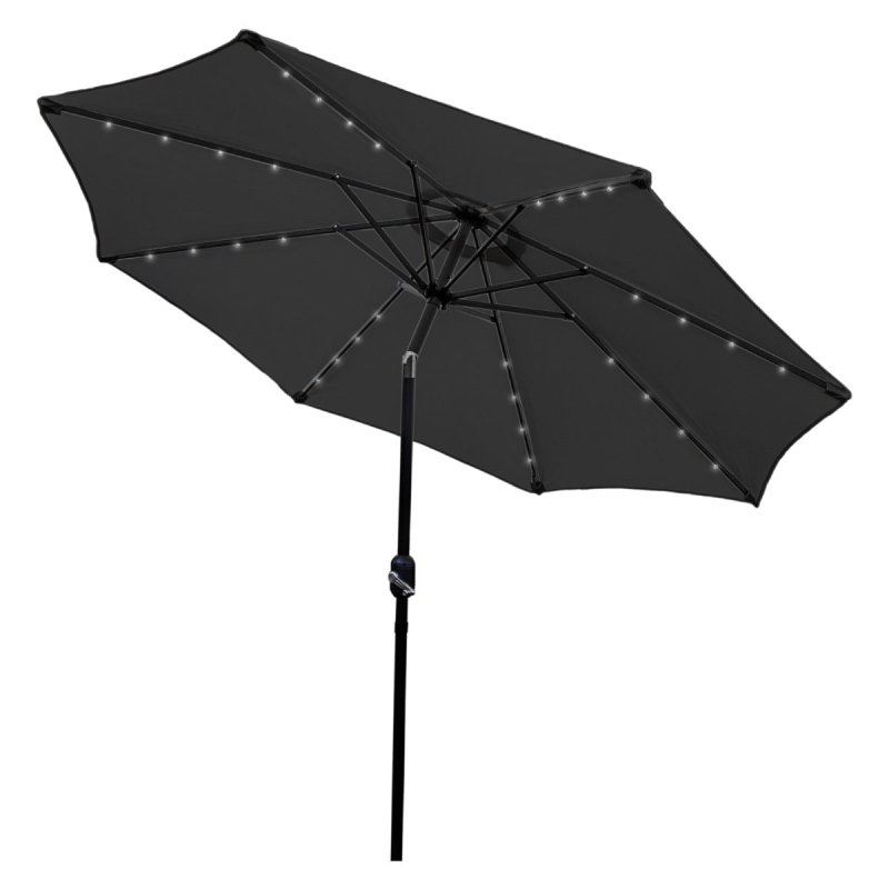 Grey 2.4m LED Tilt Parasol Umbrella Garden Sun Shade Canopy Patio Outdoor 360 Rotation UV Protection Winding Crank Adjustable 32 Solar Power Lights Cool White 8 Ribs 5.5kg FREE Waterproof Rain Cover