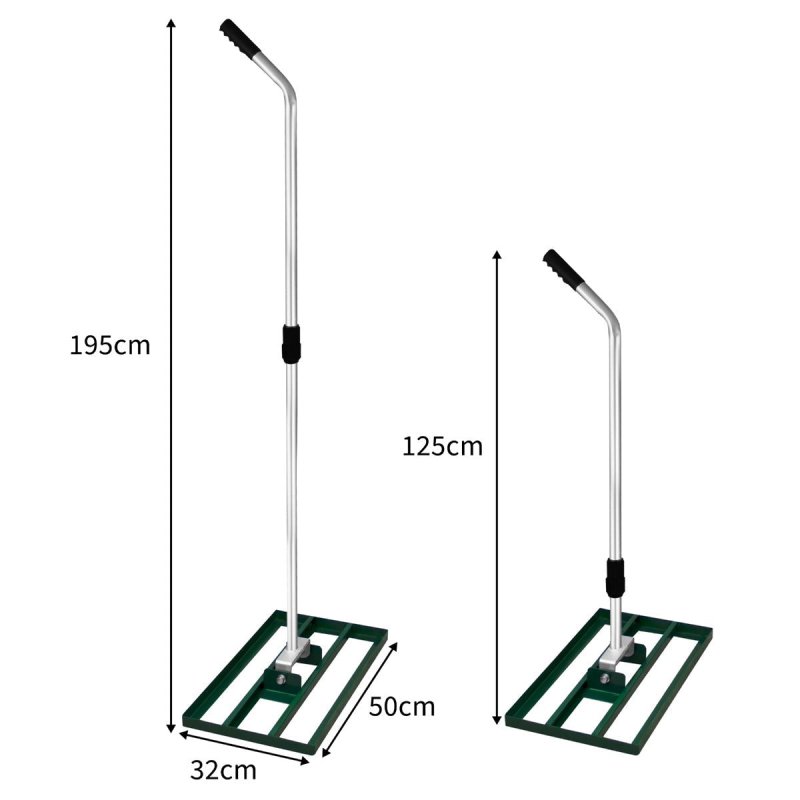 Lawn Leveller 50cm x 32cm Levelling Rake Lute Heavy Duty Lightweight Galvanised Steel Aluminium Green 1.2 - 1.9m Extendable Handle Easy Grip Landscaping Garden Tool Grass Soil Artificial Turf Compost