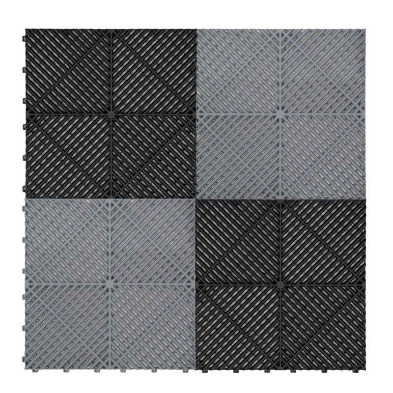 Vented Modular Interlocking Flooring Tiles 120 Black & 120 Grey With Edges & Hexagon LED Lighting 28 White Lights & Border 6500K 3 Mount Options & Suspended Ceiling Kit Single Garage Floor Mat 6m x 6m
