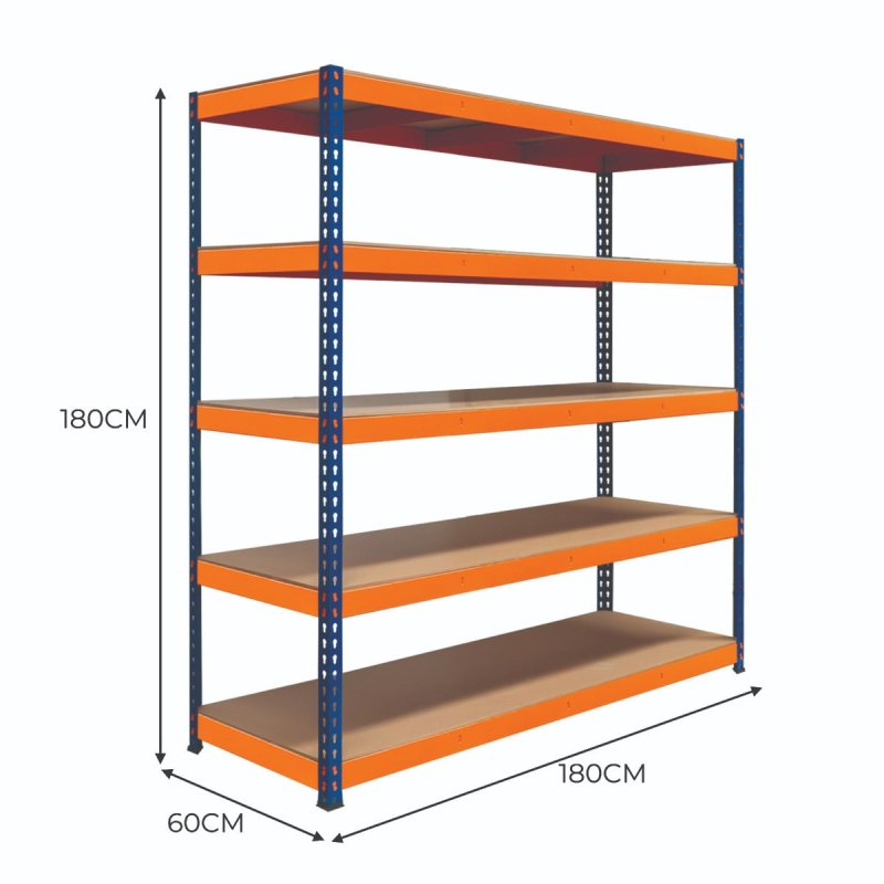 Garage Racking S-Rax Shelving Unit 5 Shelf 180cm x 180cm x 60cm Rack Heavy Duty Steel 300kg Capacity Per Shelf Adjustable Layout Boltless Assembly Rubber Feet 3 Reinforced Support Bars Warehouse
