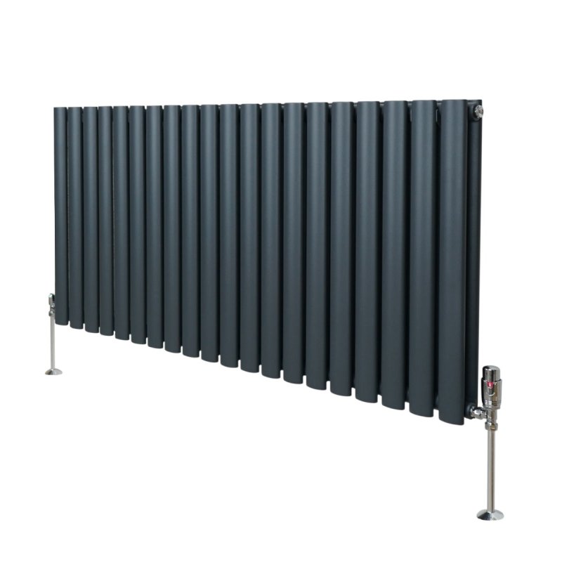 Oval Column Radiator 600mm x 1200mm & TRV Chrome Valves Designer Double Panel Central Heating Heater Anthracite Grey Steel Horizontal Kitchen Living Room FREE Cleaning Brush Fixing Kit & Brackets