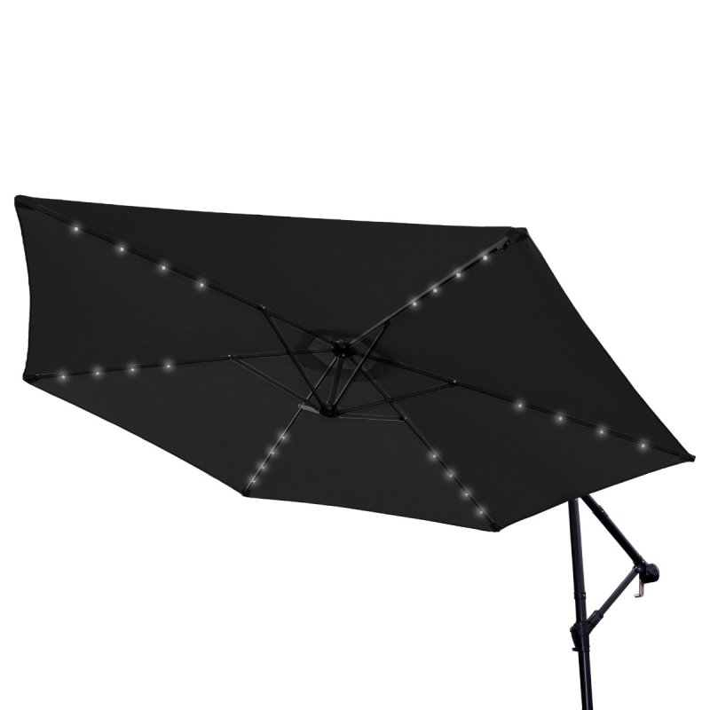 Grey LED Cantilever Parasol 3m Banana Hanging Umbrella Garden Sun Shade Canopy Patio 360 Rotation Tilt UV Protection Winding Crank 24 Solar Powered Cool White LED Lights Waterproof Rain Cover & Base