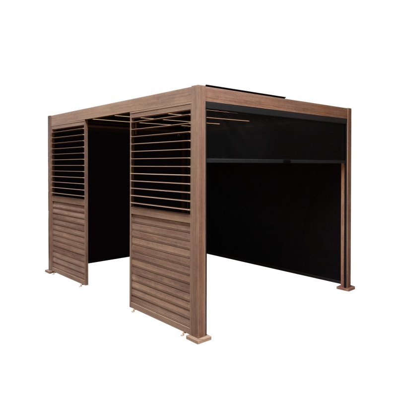 Wood Effect Aluminium Pergola With Blinds, 2 x Side Panels & LED Lights - 3m x 3m