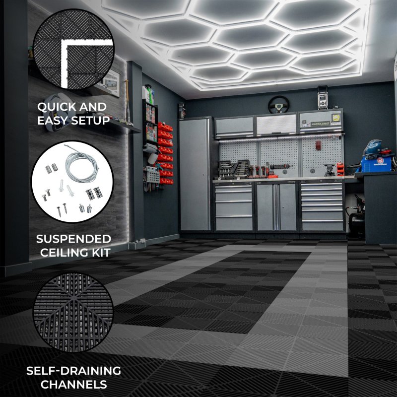 Vented Modular Interlocking Flooring Tiles 165 Black & 60 Grey With Edges & Hexagon LED Lighting 28 White Lights & Border 6500K 3 Mount Options & Suspended Ceiling Kit Single Garage Floor Mat 6m x 6m