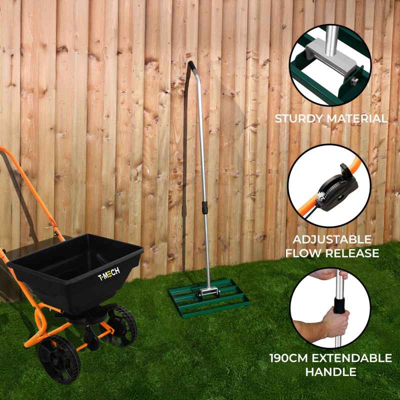 Lawn Leveller & Rotary Spreader Gritter Fertiliser Garden Levelling Rake Lute 50cm x 32cm Green Removable Extendable Handle Salt Grit Sand Seed Rain Cover & Gloves
