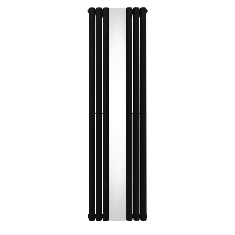 Oval Panel Radiator With Mirror 1800mm x 500mm Modern Designer Double Column Vertical Heater Matt Black Carbon Steel Wall Mounted Kitchen Living Room Cleaning Brush Fixing Kit & Brackets