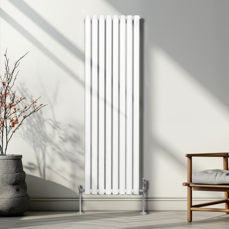 Oval Column Radiator 1600mm x 480mm Modern Designer Double Panel Central Heating Heater Gloss White Carbon Steel Vertical Kitchen Living Room Bathroom FREE Cleaning Brush Fixing Kit & Brackets
