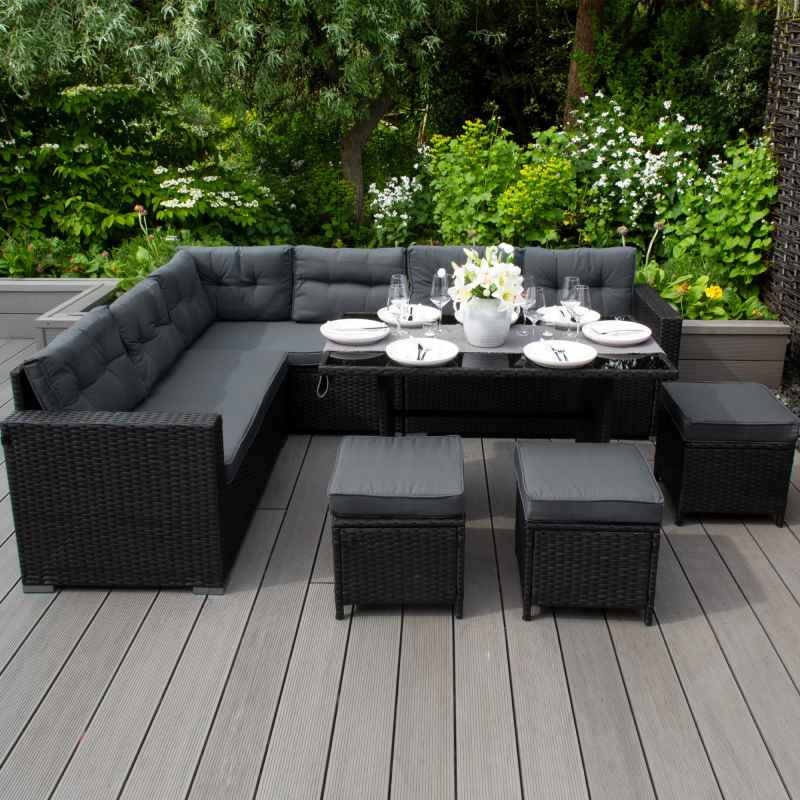 Rattan Corner Dining Set Outdoor Garden Furniture Black 9-Seater L Shape Sofa Stools Tempered Glass Table UV Protected Waterproof Grey Seat Back Cushions Patio Conservatory Lounge FREE Rain Cover