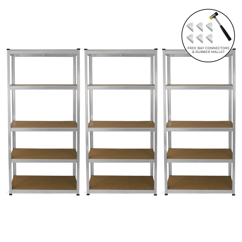 3 Garage Shelving Units 5 Tier Racking Storage Warehouse Bays Industrial Heavy Duty Boltless Galvanised Steel Shelves / FREE Rubber Mallet & Bay Connectors