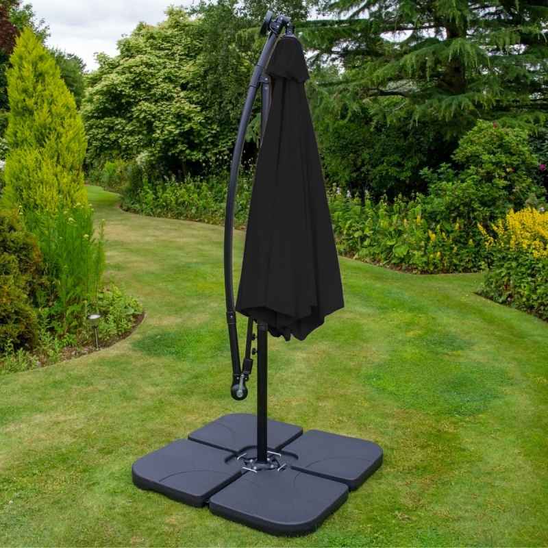 Black LED Cantilever Parasol 3m Banana Hanging Umbrella Garden Sun Shade Canopy Patio 360 Rotation Tilt UV Protection Winding Crank 24 Solar Powered Cool White LED Lights Waterproof Rain Cover & Base