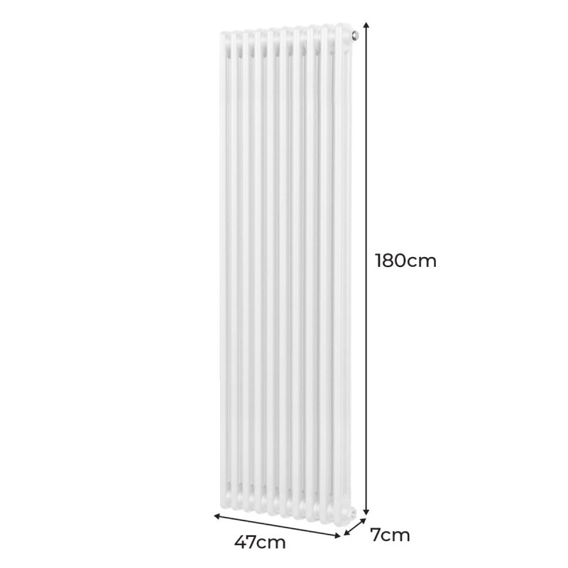 Traditional 2 Column Radiator 1800mm x 472mm Modern Central Heating Heater Gloss White Carbon Steel Vertical Wall Mounted Kitchen Living Room Bathroom Cleaning Brush Fixing Kit & Brackets