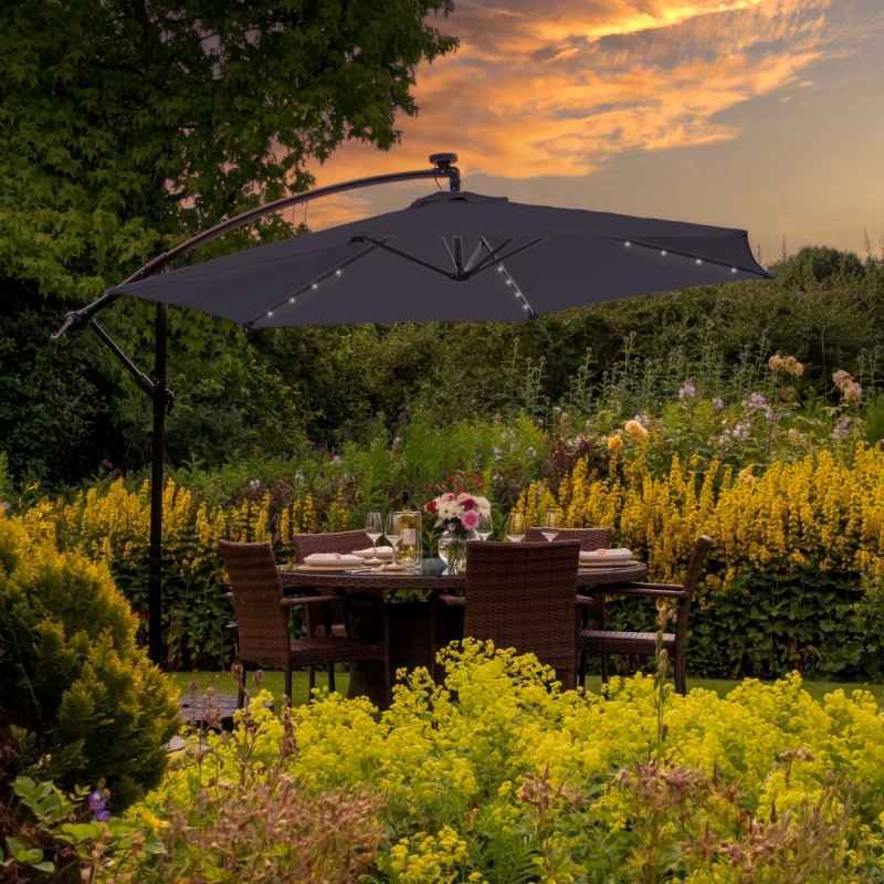 Grey LED Cantilever Parasol 3m Banana Hanging Umbrella Garden Sun Shade Canopy Patio Outdoor 360 Rotation Tilt UV Protection Winding Crank 24 Solar Powered Cool White LED Lights Waterproof Rain Cover