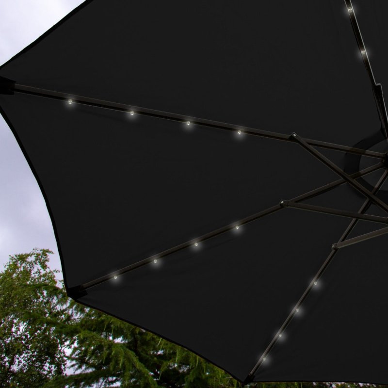 Black 2.4m LED Tilt Parasol Umbrella Garden Sun Shade Canopy Patio Outdoor 360 Rotation UV Protection Winding Crank Adjustable 32 Solar Power Lights Cool White 8 Ribs 5.5kg FREE Waterproof Rain Cover