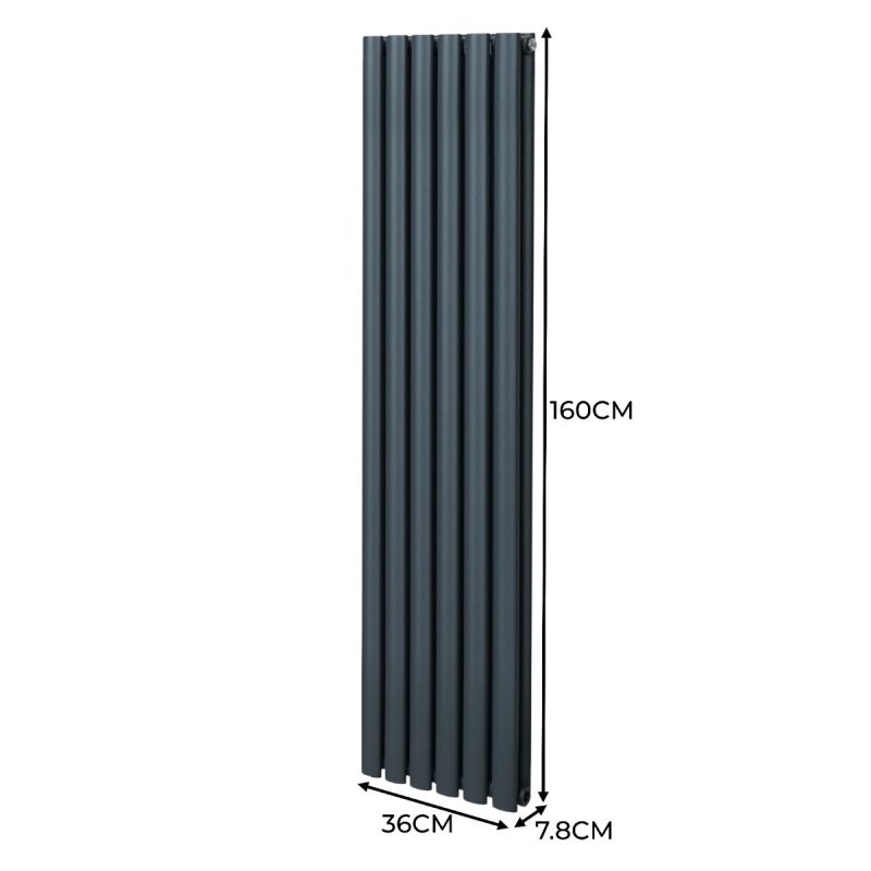Oval Column Radiator 1600mm x 360mm Modern Designer Double Panel Central Heating Heater Matt Anthracite Grey Carbon Steel Vertical Kitchen Living Room FREE Cleaning Brush Fixing Kit & Brackets