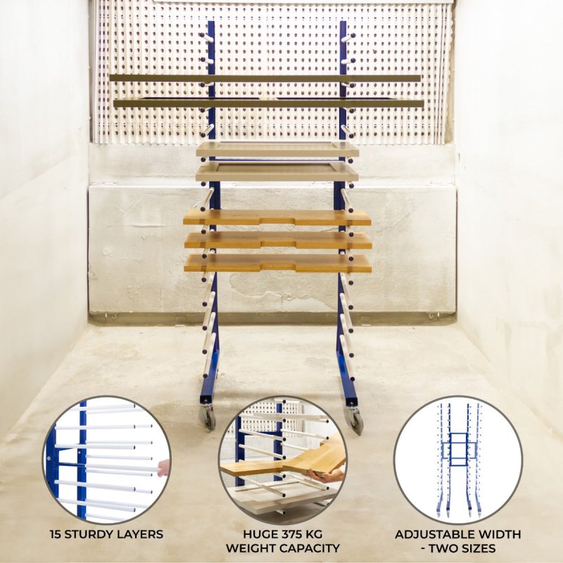 Combi Spray Drying Rack Blue Trolley Eco Paint Shop Woodworking Dry Storage 4 Heavy Duty 360 Degree Castors Mobile 15 Layers 25kg Per Layer 375kg Total Capacity Adjustable Width 182 H x 35/65 W x 59 D