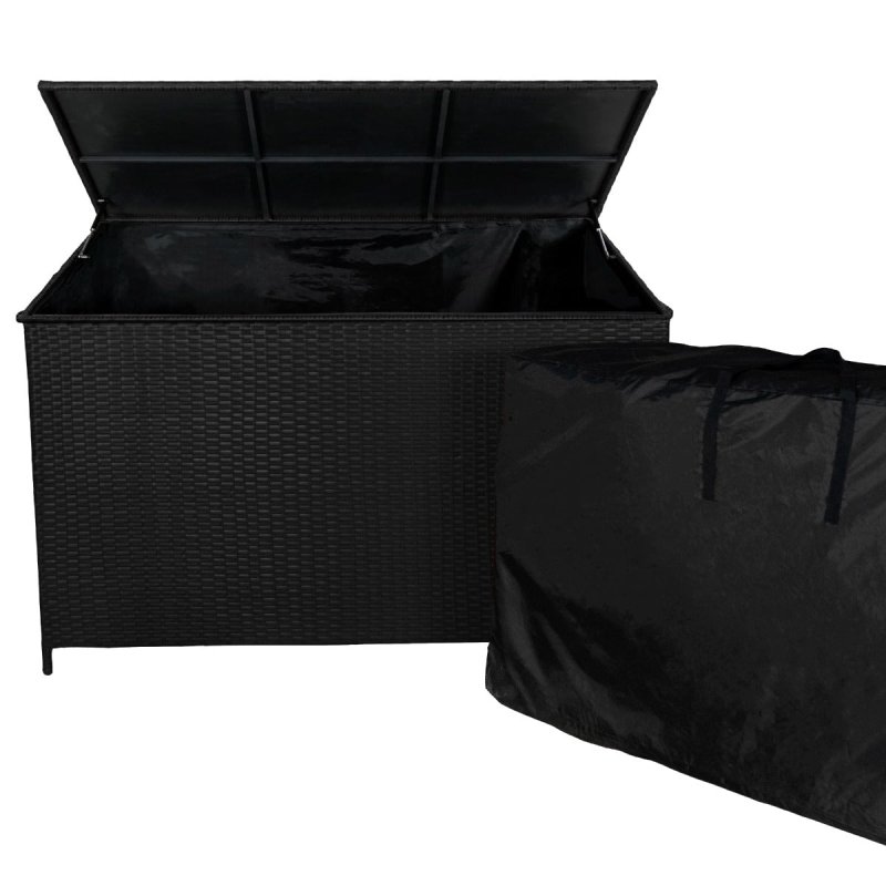 Rattan Corner Dining Set & Garden Storage Box Black 9-Seater L Sofa Stools Glass Table Large Cushion Furniture Chest 582L Outdoor Patio Steel Frame UV Resistant FREE Waterproof Carry Bag & Rain Cover