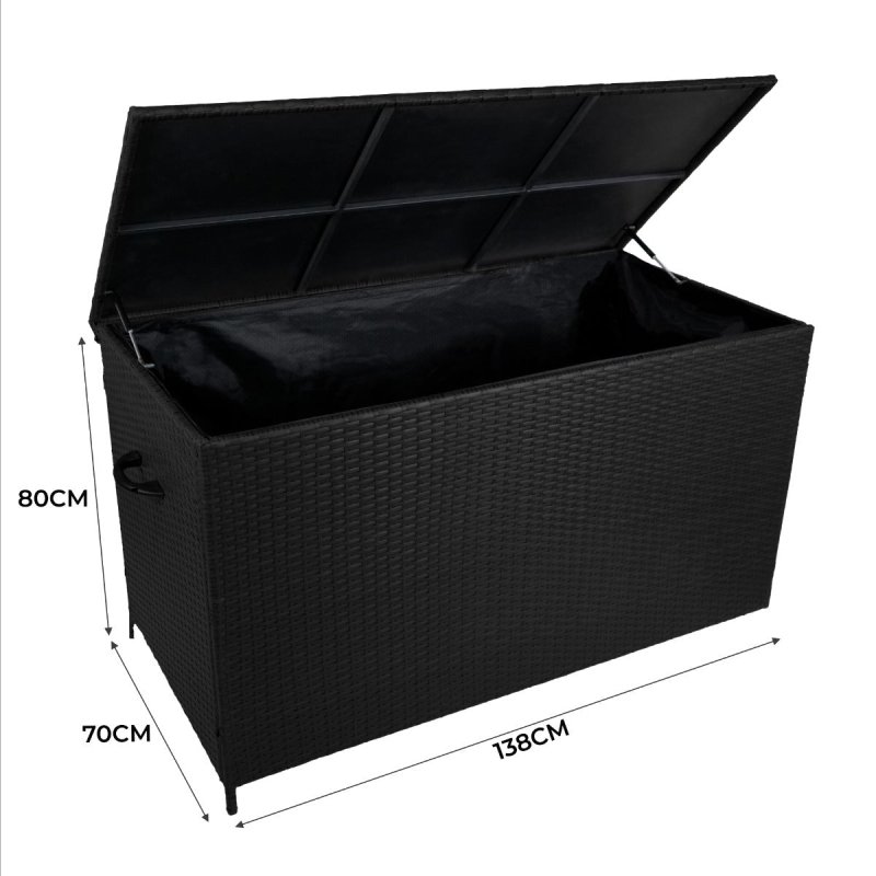 Rattan Garden Storage Black Box & Waterproof Carry Bag Large Cushion Blanket Tools Toys Furniture Chest 582L Outdoor Patio Deck Steel Frame UV & Weather Resistant Gas Assisted Lift Lid Portable Wheels