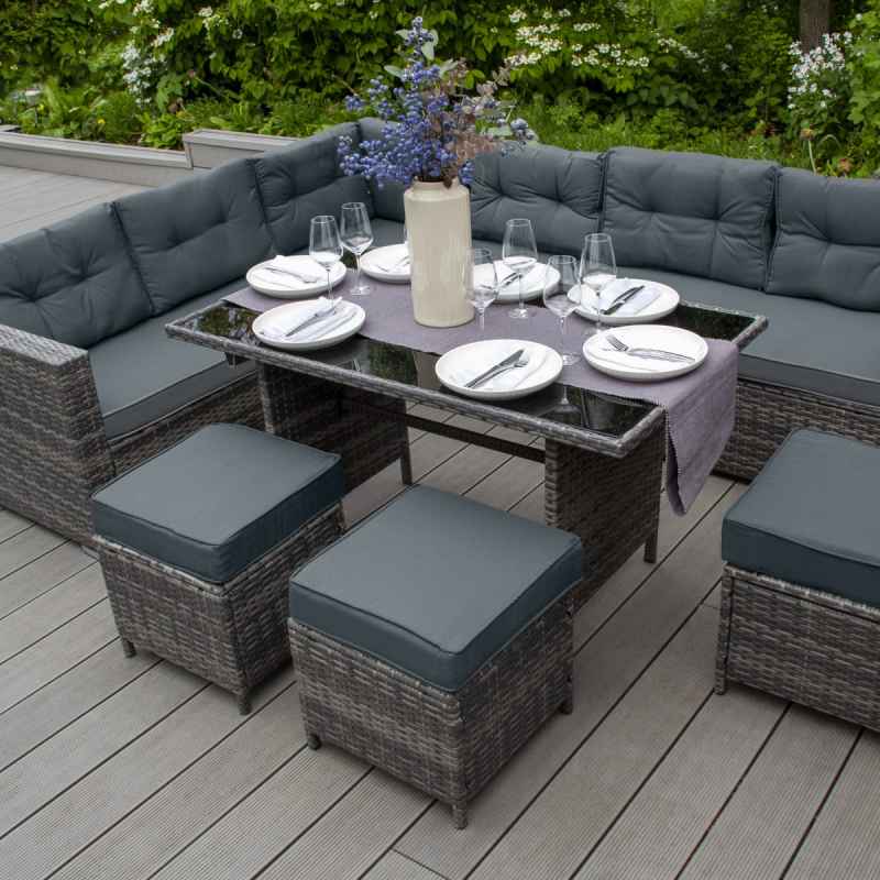 Rattan Corner Dining Set Outdoor Garden Furniture Grey 9-Seater L Shape Sofa Stools Tempered Glass Table UV Protected Waterproof Grey Seat Back Cushions Patio Conservatory Lounge FREE Rain Cover