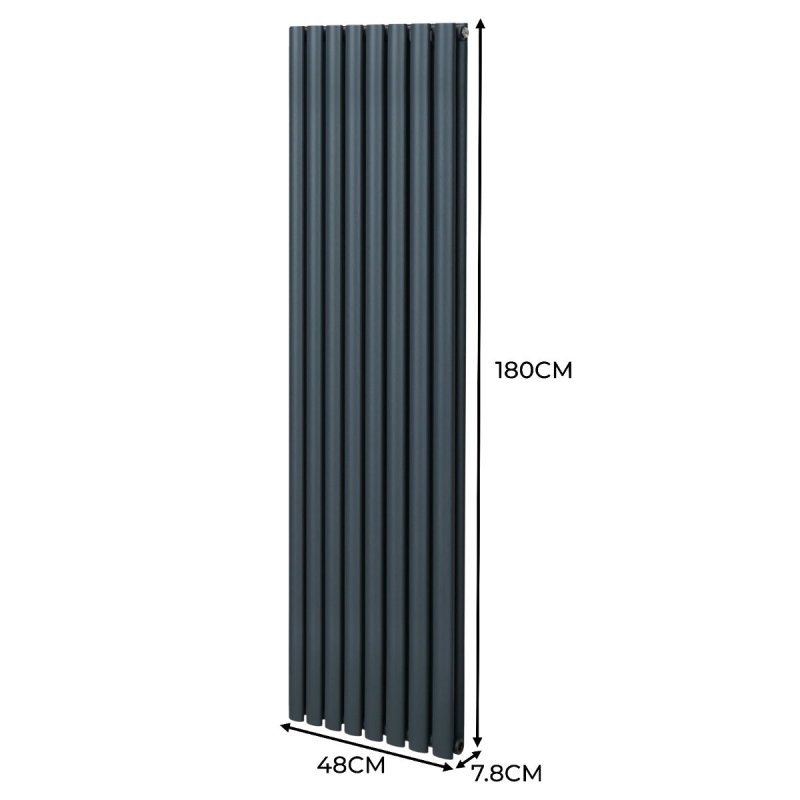 Oval Column Radiator 1800mm x 480mm & TRV Chrome Valves Modern Designer Double Panel Central Heating Heater Anthracite Grey Steel Vertical Kitchen Living Room FREE Cleaning Brush Fixing Kit & Brackets