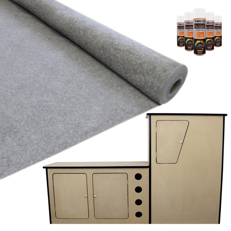 T-Mech 11m2 Van Lining Carpet Super Stretch Kit Smoke Grey | With Camper Motor Home Kitchen Unit | FREE 5 Heavy Duty Adhesive Glue Spray Cans