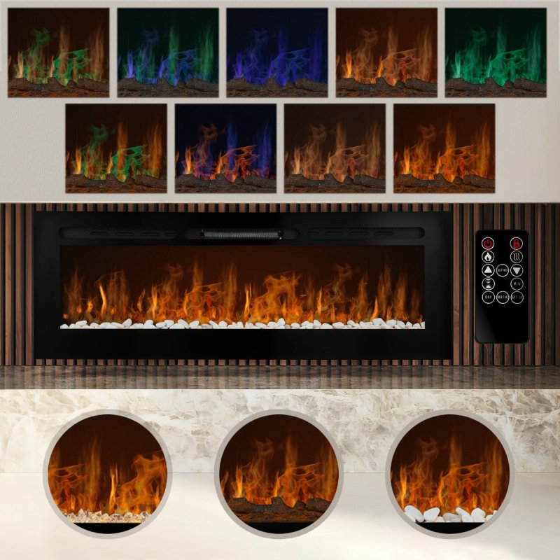 Electric Wall Mounted Inset LED Black Fireplace Free Standing 60" 950W 1850W 12 Colours Timer Remote Adjustable Brightness Pebbles Clear Crystals Log Effect 3D Flame 15 – 35 Degrees C Fixing Kit