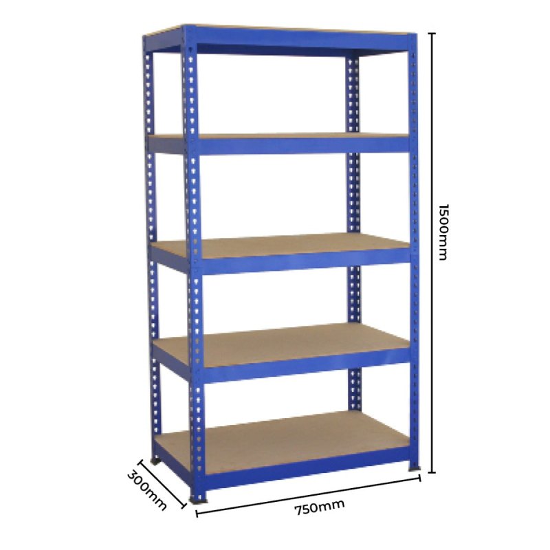 2 x Blue Racking Bay Unit 5 Tier Heavy Duty Steel Metal 150kg capacity Per Shelf Garage Shelves Storage Warehouse Shed Workshop Boltless Shelving 75cm x 150cm x 30cm