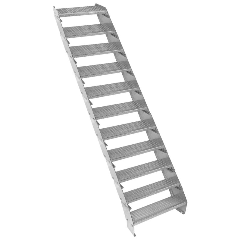 Metal Staircase 11 Section Adjustable Height 60cm / 600mm Wide Galvanised Steel Silver 11 Steps Weatherproof Grate Step Outdoor Garden Patio Modular Stairs 5mm Rod Thickness FREE Fixing Kit