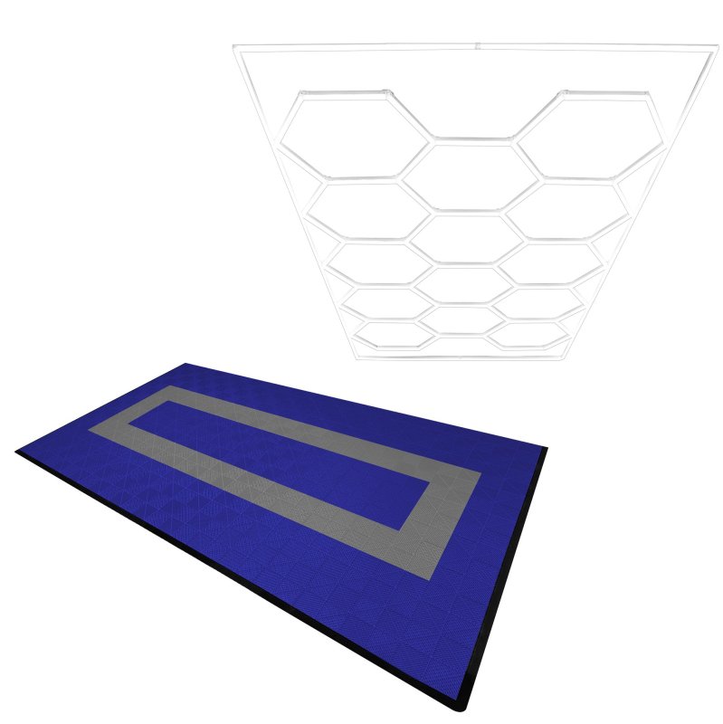 Vented Modular Interlocking Flooring Tiles 90 Blue & 30 Grey With Edges & Hexagon LED Lighting 14 White Lights & Border 6500K 3 Mount Options & Suspended Ceiling Kit Single Garage Floor Mat 3.2m x 6m