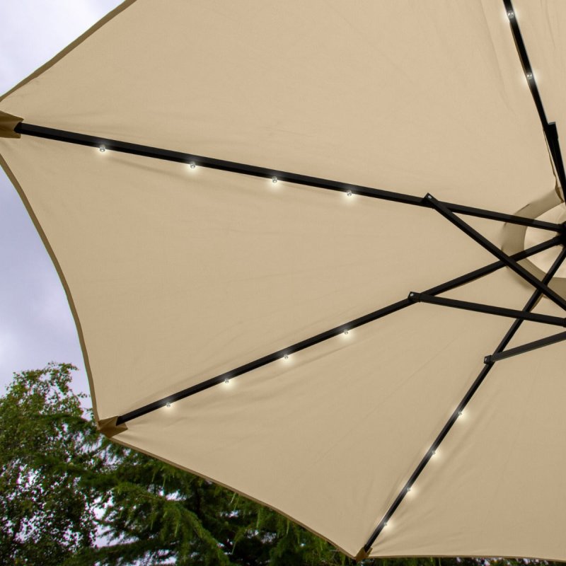 Beige 2.4m LED Tilt Parasol Umbrella Garden Sun Shade Canopy Patio Outdoor 360 Rotation UV Protection Winding Crank Adjustable 32 Solar Power Lights Cool White 8 Ribs 5.5kg FREE Waterproof Rain Cover