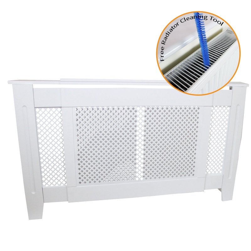 Adjustable Radiator Cover White MDF Trellised Grill Modern Cabinet Shelf 1400mm - 1920mm