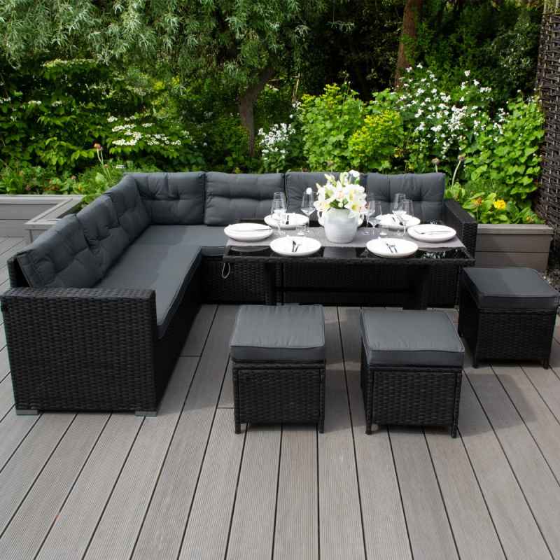 Rattan Corner Dining Set & Garden Storage Box Black 9-Seater L Sofa Stools Glass Table Large Cushion Furniture Chest 582L Outdoor Patio Steel Frame UV Resistant FREE Waterproof Carry Bag & Rain Cover