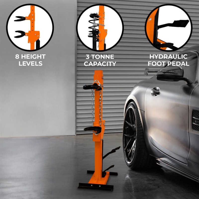 Hydraulic Coil Spring Compressor Strut Tool 3 Ton Tonne 3000KG Load Capacity 8 Height Adjustable Levels Foot Pedal Powder Coated Steel Auto Car Van Repair 2 x Large & 2 x Small Clasp Attachments
