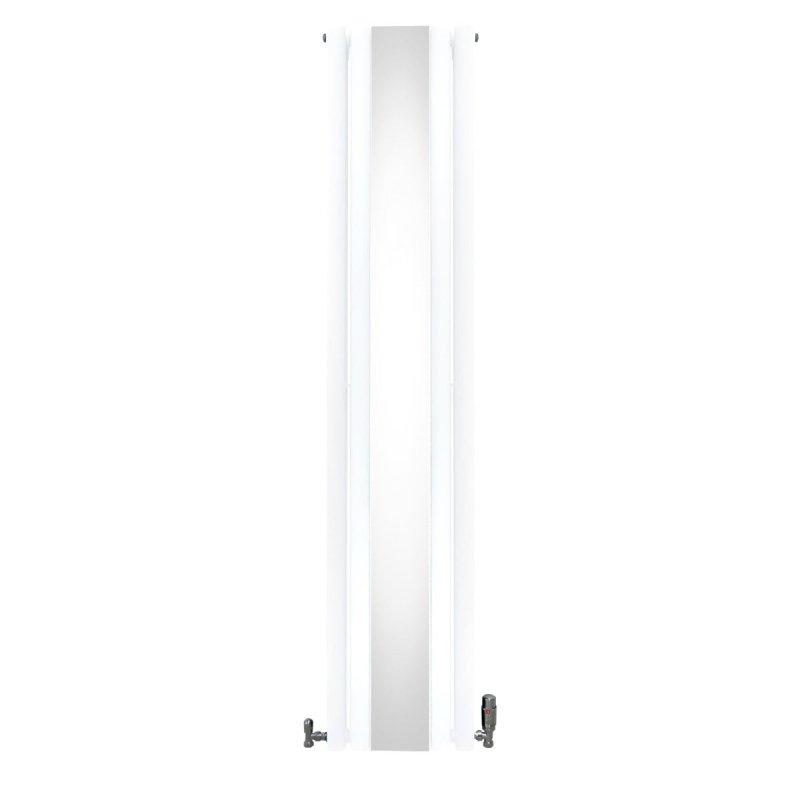 Oval Panel Radiator With Mirror 1800mm x 380mm & TRV Chrome Valves Designer Double Column Vertical White Carbon Steel Wall Mounted Kitchen Living Room Cleaning Brush Fixing Kit & Brackets