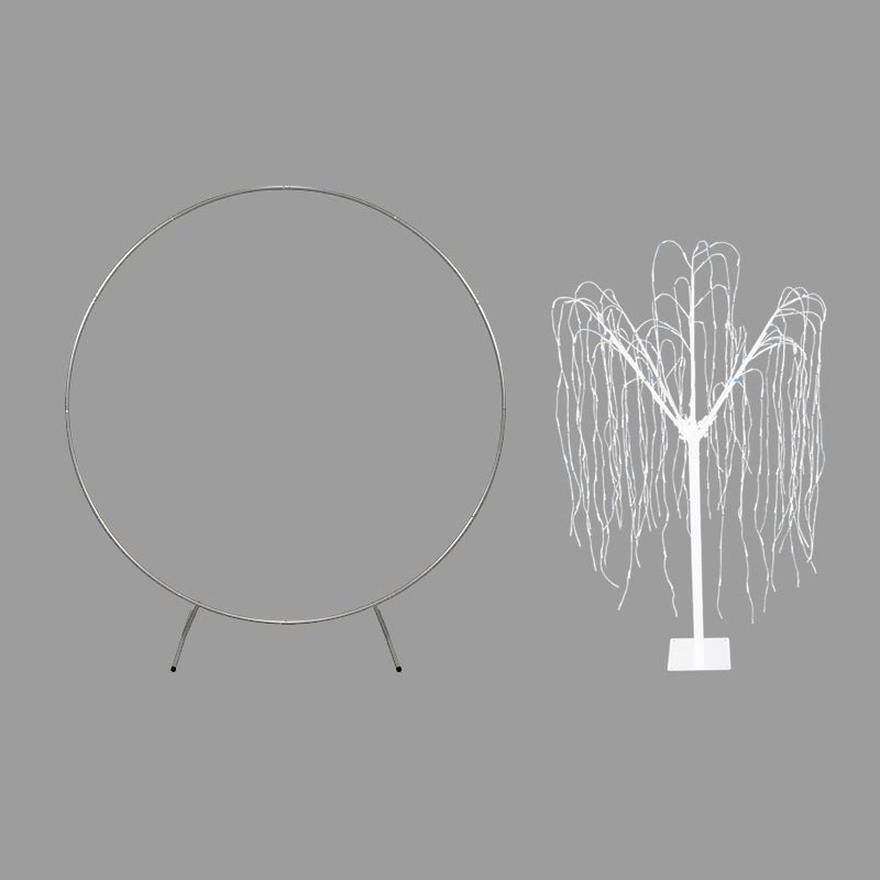 Wedding Moongate Silver Arch 2m/ 200cm  & Weeping Willow Light Up Tree Warm White LED Metal Flat Base Arbour Background Decor Flower Balloon Circle Hoop Frame Outdoor Backdrop  Decoration Prop