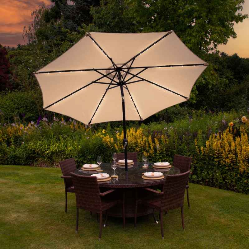 Beige 2.4m LED Tilt Parasol Umbrella Garden Sun Shade Canopy Patio Outdoor 360 Rotation UV Protection Winding Crank Adjustable 32 Solar Power Lights Cool White 8 Ribs 5.5kg FREE Waterproof Rain Cover