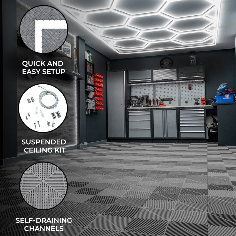 Vented Modular Interlocking Flooring Tiles x 120 Grey With Edges & Hexagon LED Lighting 14 White Lights & Border 6500K 3 Mount Options & Suspended Ceiling Kit Single Garage Floor Mat 3.2m x 6m 19.2m2