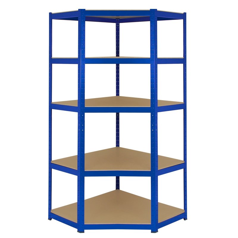 1 x Corner Garage Racking Unit & 2 x Single Racking Storage Units / 5 T-Rax Blue Steel & MDF Shelves / 4125kg capacity / 265kg per shelf / Free Rubber Mallet