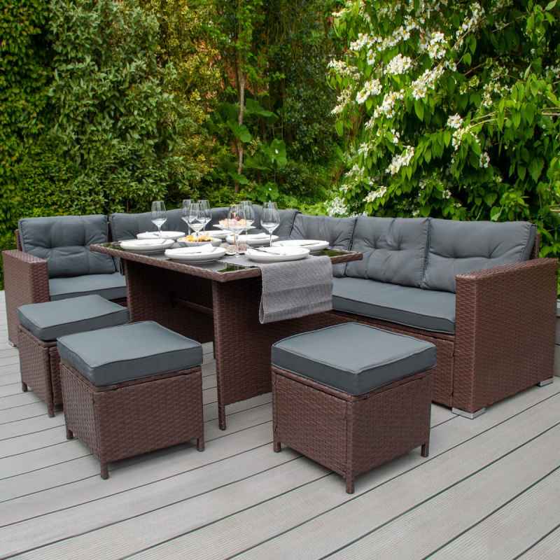 Rattan Corner Dining Set & Garden Storage Box Brown 9-Seater L Sofa Stools Glass Table Large Cushion Furniture Chest 582L Outdoor Patio Steel Frame UV Resistant FREE Waterproof Carry Bag & Rain Cover