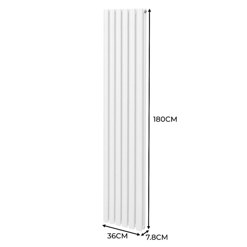 Oval Column Radiator 1800mm x 360mm Modern Designer Double Panel Central Heating Heater Matt White Carbon Steel Vertical Kitchen Living Room Bathroom FREE Cleaning Brush Fixing Kit & Brackets